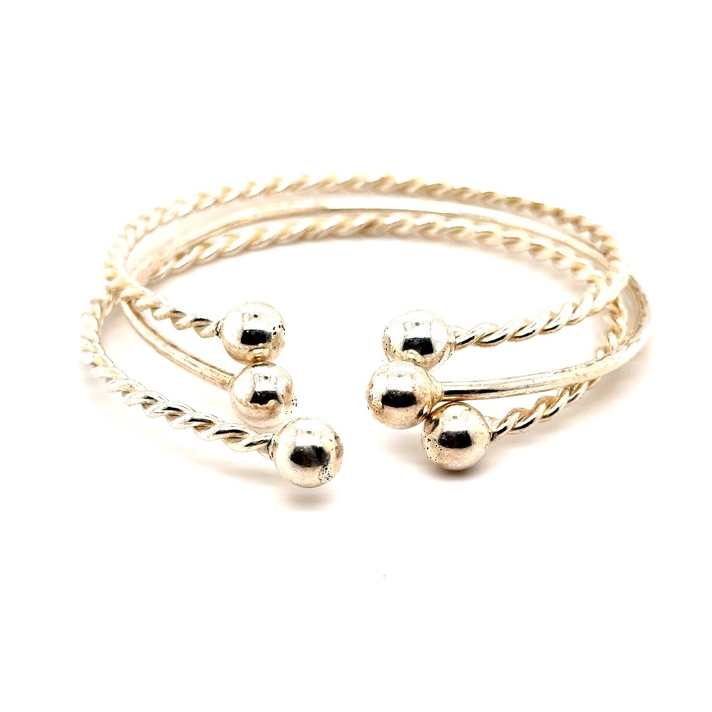 Sterling Silver 925 Triple Stack Cuff Bracelet Set Twisted Rope Ball End 7.5in